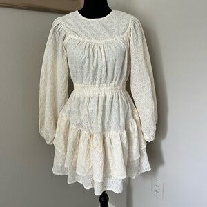 Just Me Tiered Cottage Core Puffy Long Sleeve Mini Dress